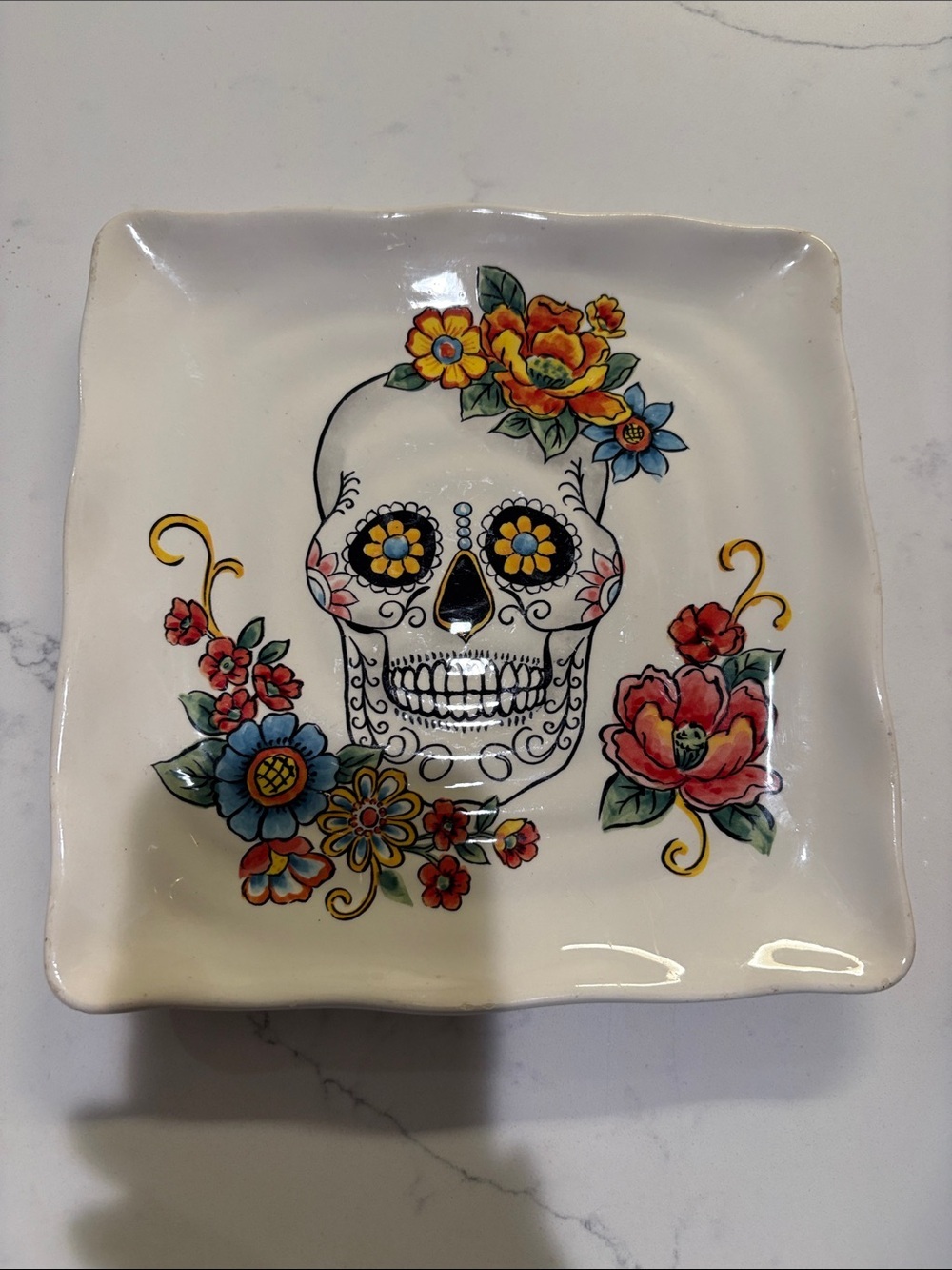 Hand-Painted Floral Sugar Skull Decorative Plate - White